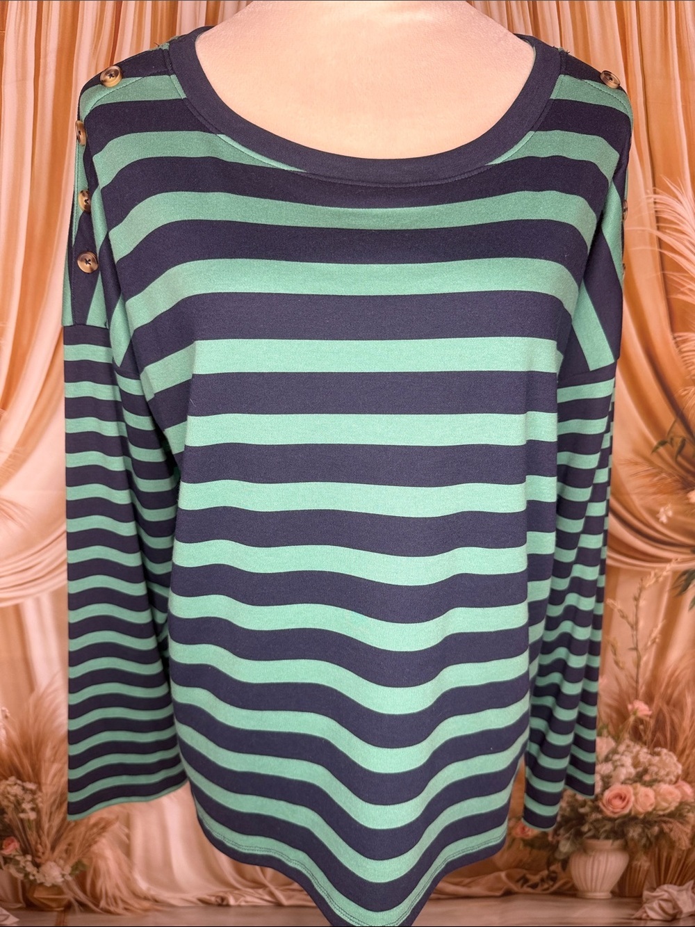 Style & Co. Navy and Green Striped Long Sleeve Top with Button Accents